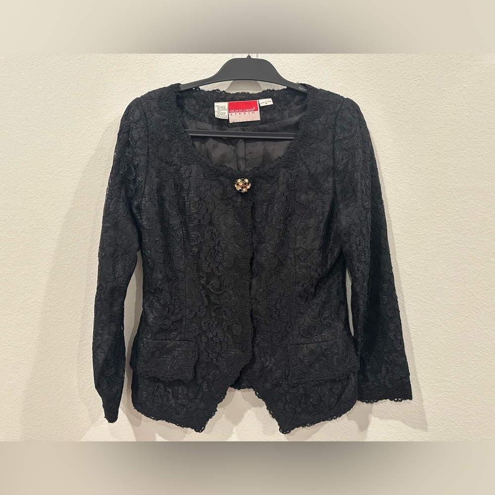 Vintage Oscar De La Renta Studio Black Floral Lace Blazer size 10